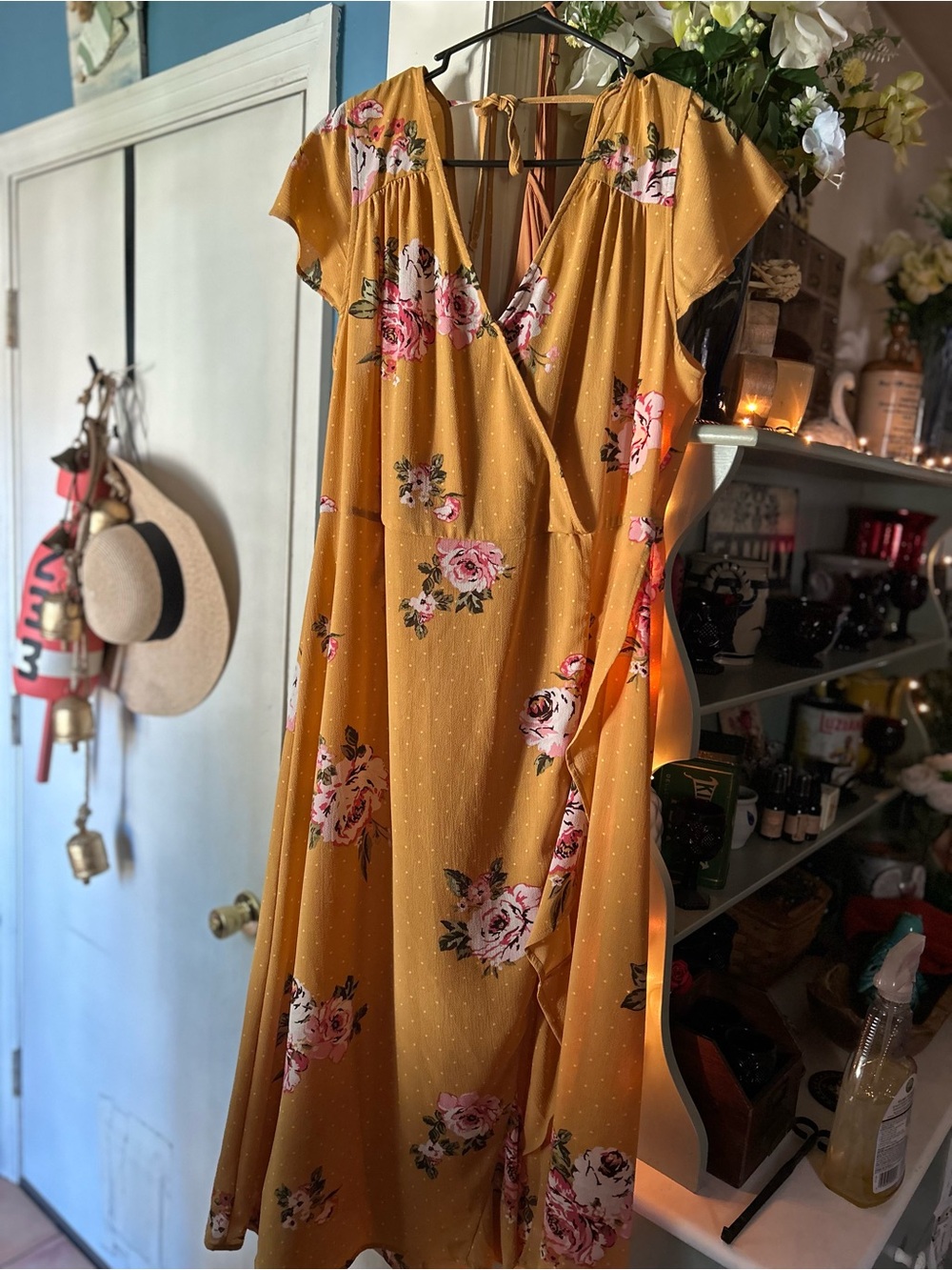Mustard Floral Midi Wrap Dress with V-Neck with slip